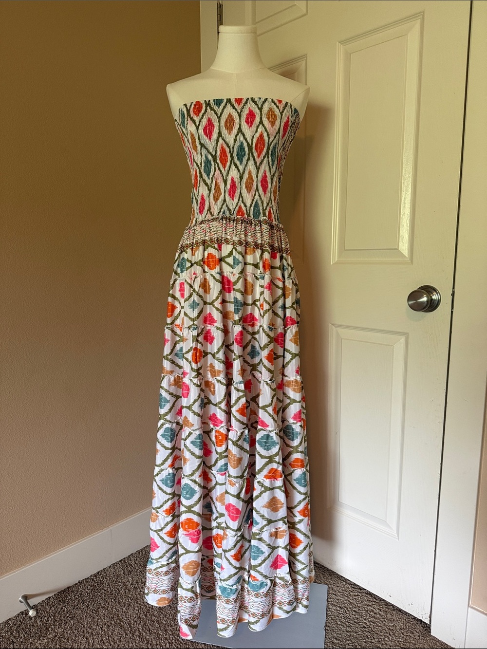 Colorful Strapless Maxi Dress with Geometric Print